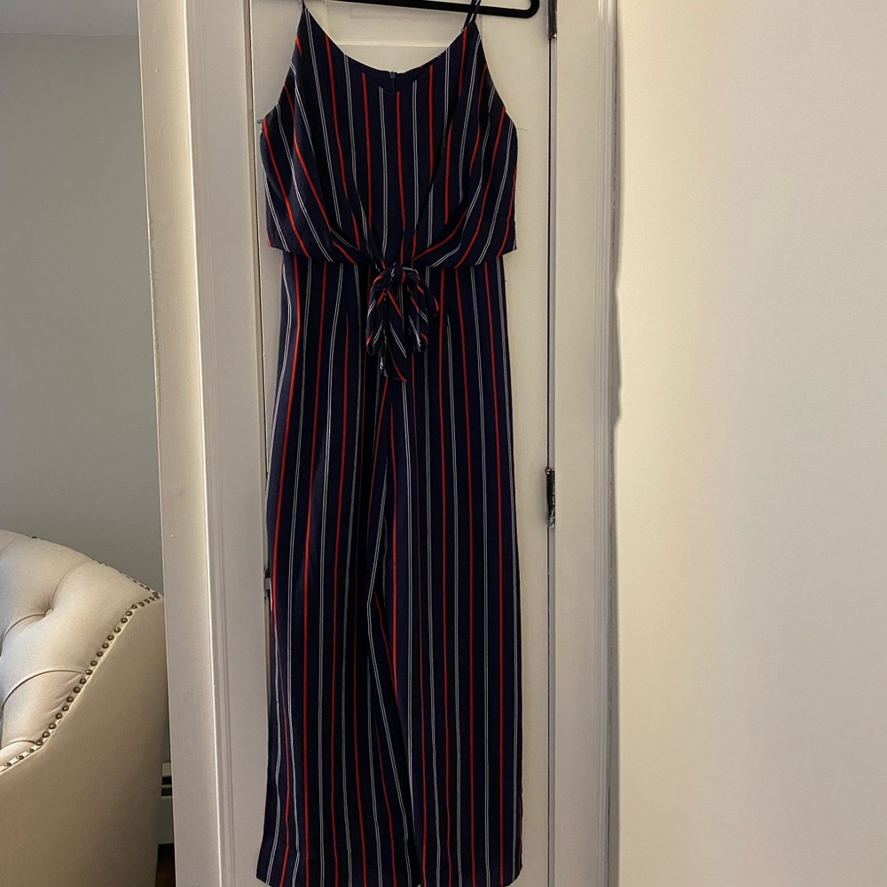 Red White Blue stripe flare leg slit jumpsuit